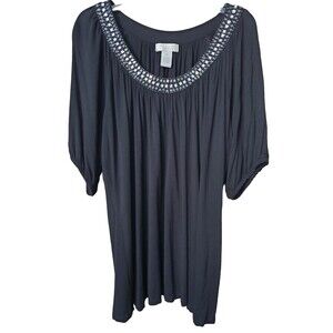 Design History Woman Black Jersey Knit Bedazzled Sequined Beaded Blouse Size 2X